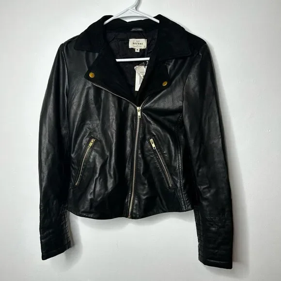 Sezane Black Leather Moto Jacket Size M Full Zip Retro Classic NWT Timeless - Picture 1 of 13